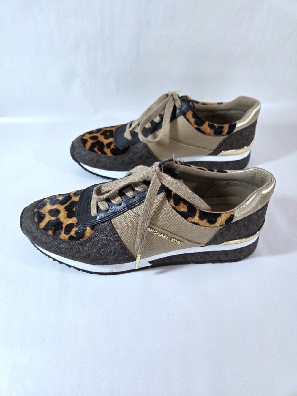 NWOT Michael Kors Brown & Gold Calf Hair Cheetah Print Trainers Size 7.5 - Picture 3 of 6